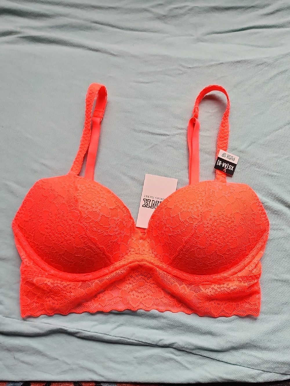 PINK Victoria's Secret Neon Coral Lace Longline Bra NWT XS
